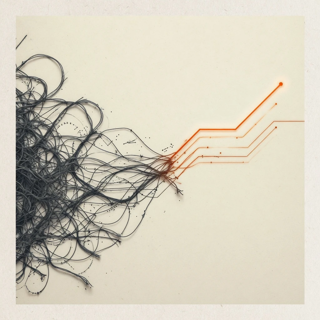 Illustration: tangled dark threads becoming a clear glowing orange path, messy data made simple