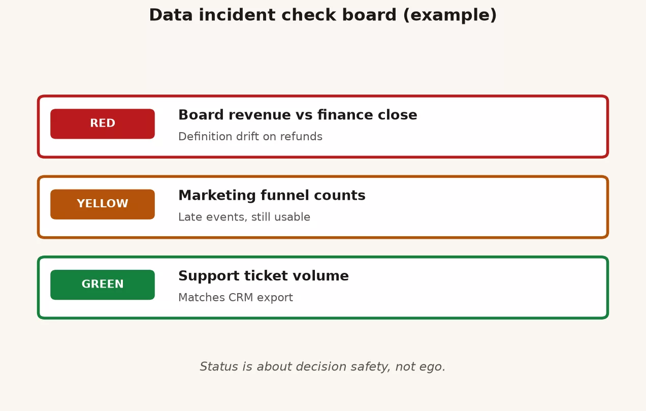 Example data incident check board with red yellow green rows
