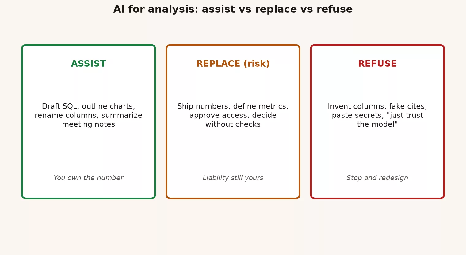 Three columns: assist replace risk and refuse for AI in analysis