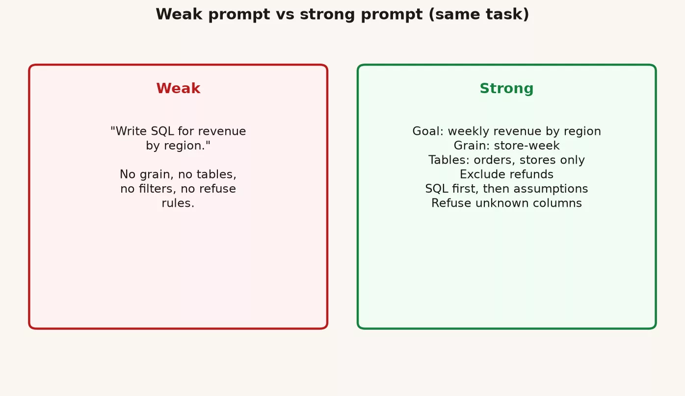Prompt patterns for data work 3 Side by side weak prompt versus strong prompt for revenue by region