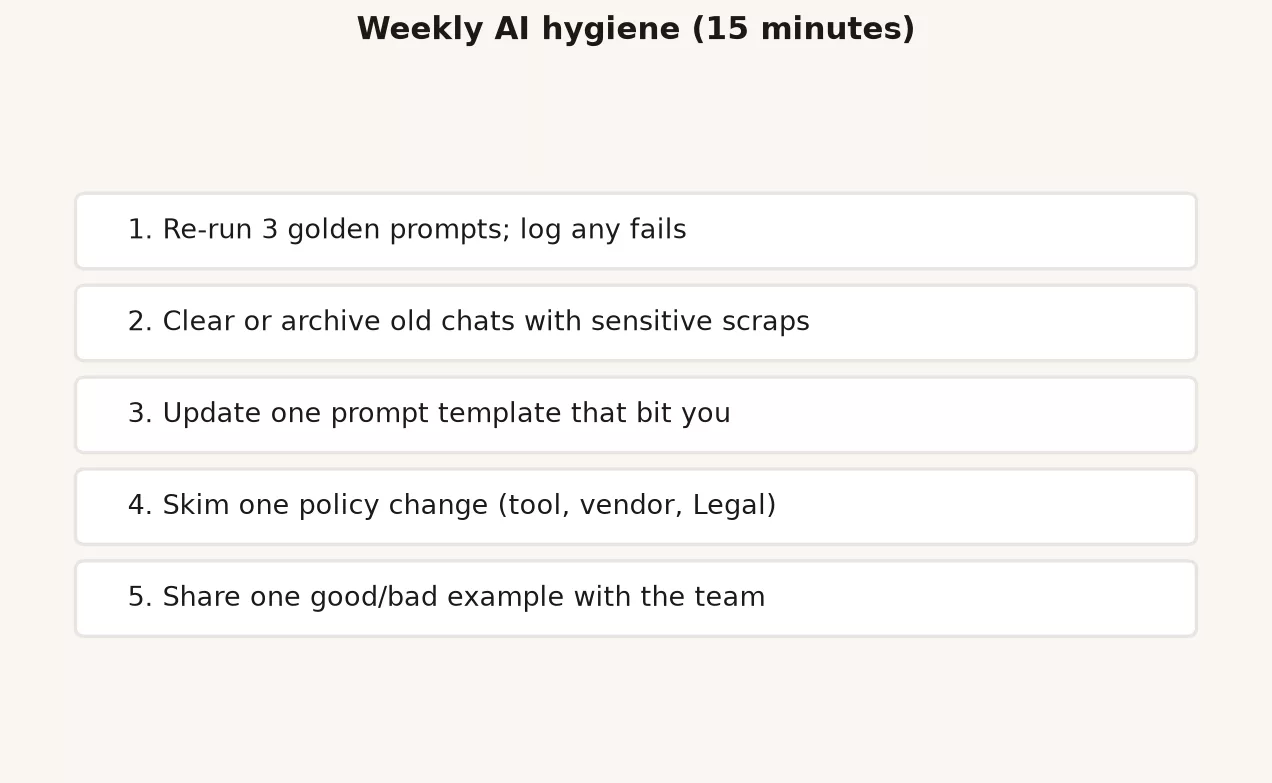 Building a personal AI checklist 3 Weekly AI hygiene fifteen minute checklist