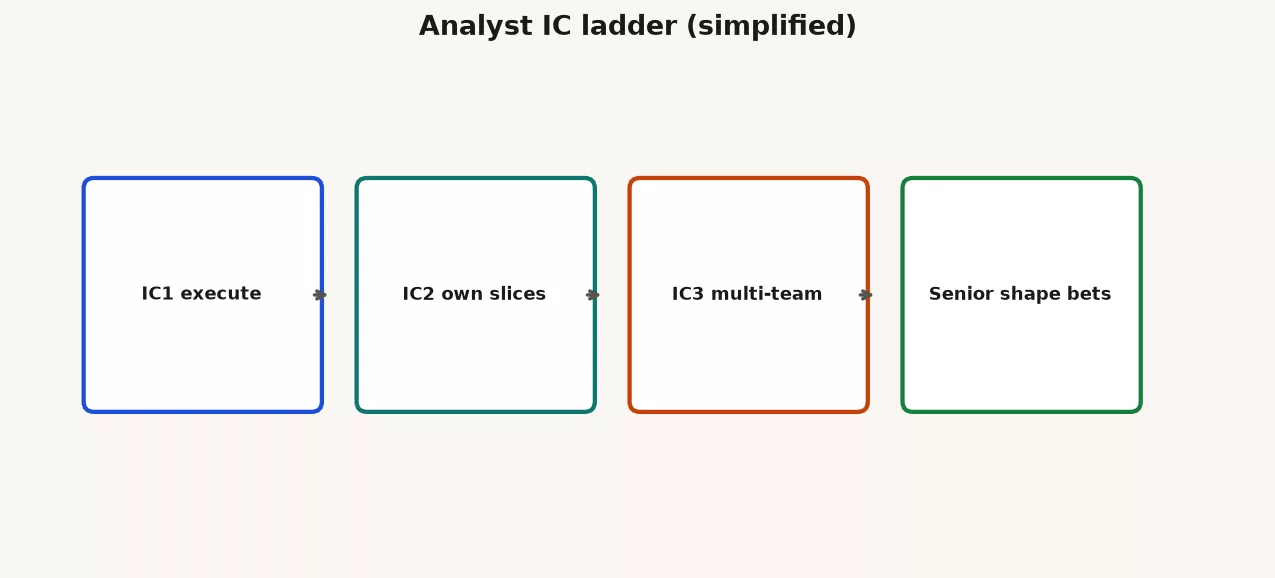 Analyst IC ladder simplified: IC1 execute, IC2 own slices, IC3 multi-team, Senior shape bets