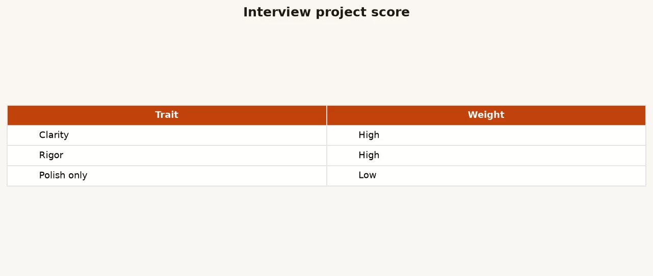 Interview project score table: Clarity high weight, Rigor high weight, Polish only low weight