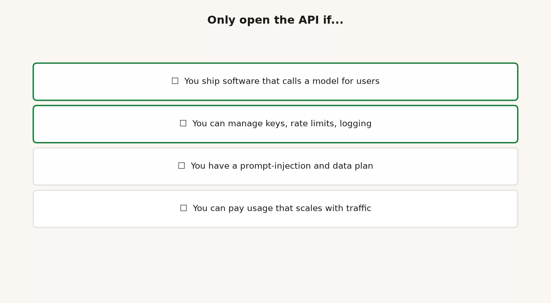 API readiness checklist: shipping software that calls models, managing keys rate limits and logging, plan for prompt injection and data handling, ability to pay usage that scales with traffic