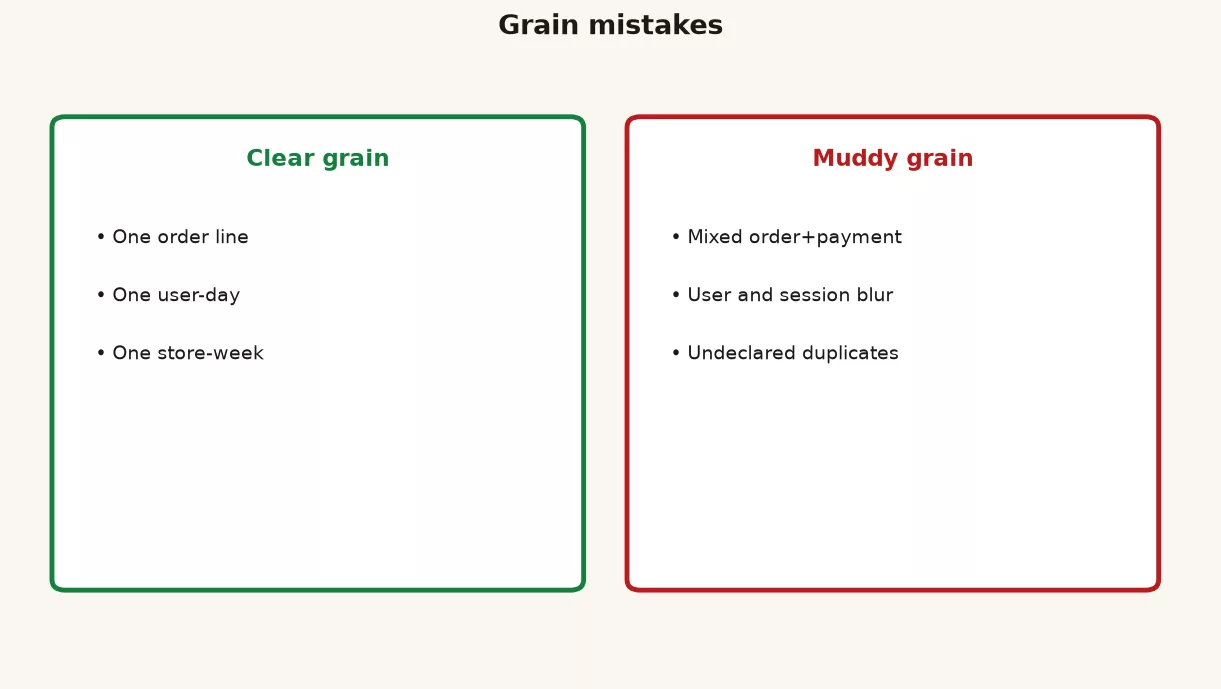 Diagram of data grain: one row meaning at order, order-line, and daily-customer levels, with arrows showing aggregation and fan-out risk