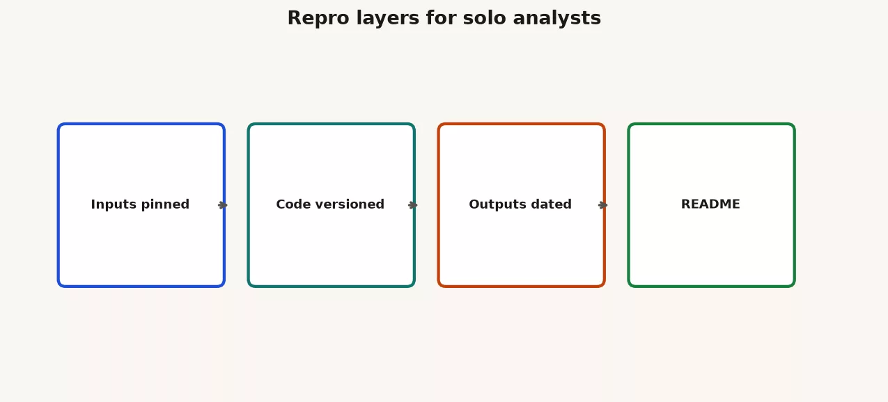 Four reproducibility layers for solo analysts: data snapshot environment code path and narrative parameters