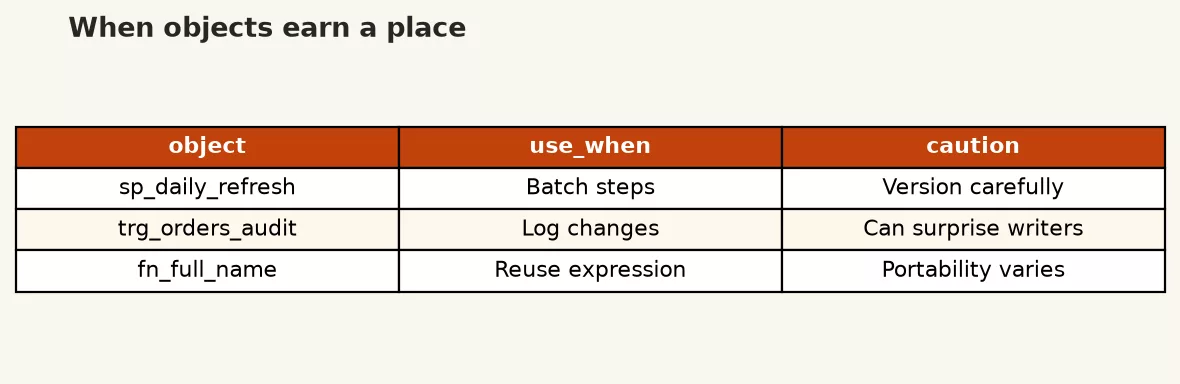 When to use database procedural objects versus SQL scripts and transformation tools