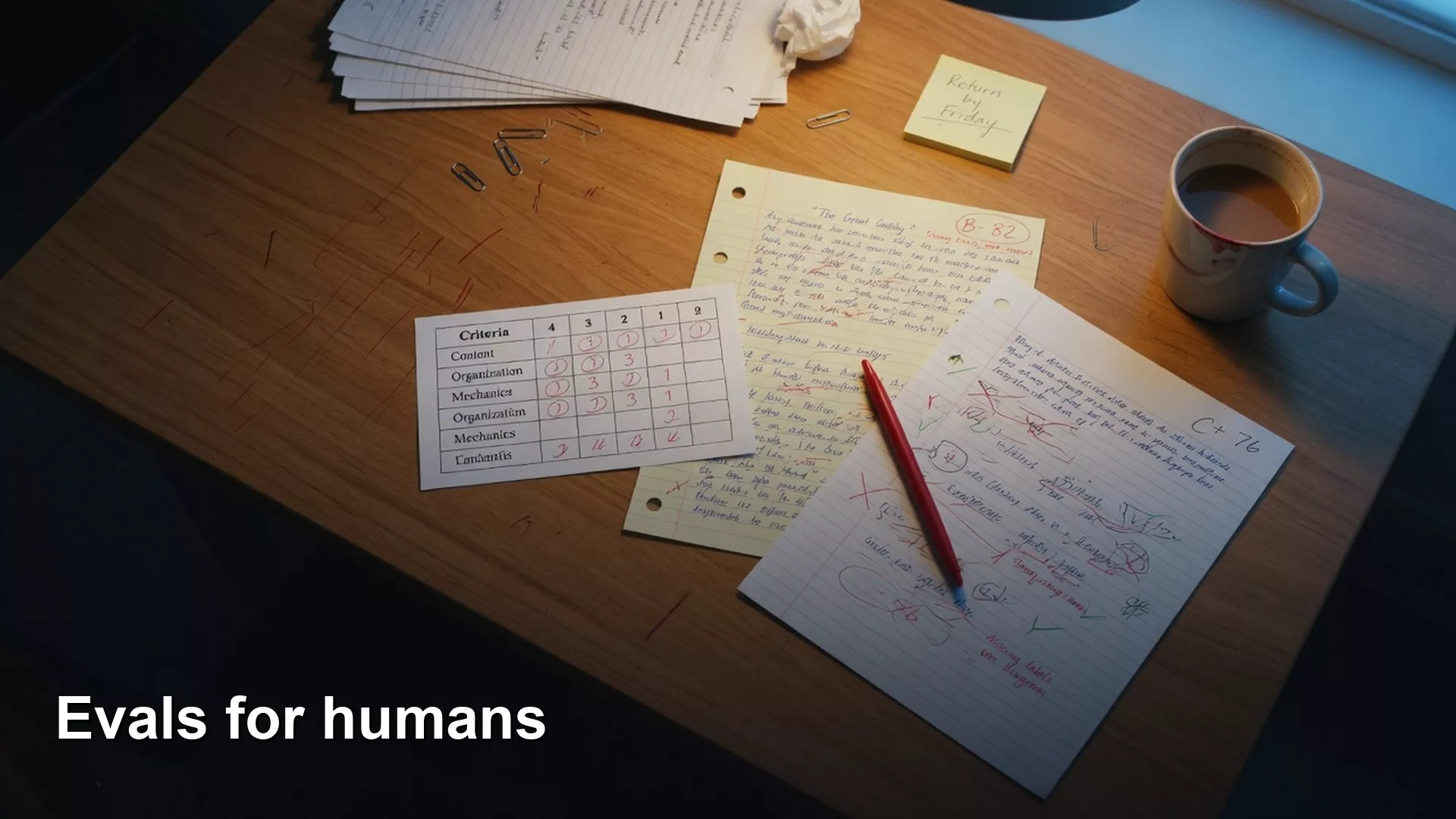 Editorial featured image for Evals for humans. Title text reads Evals for humans.