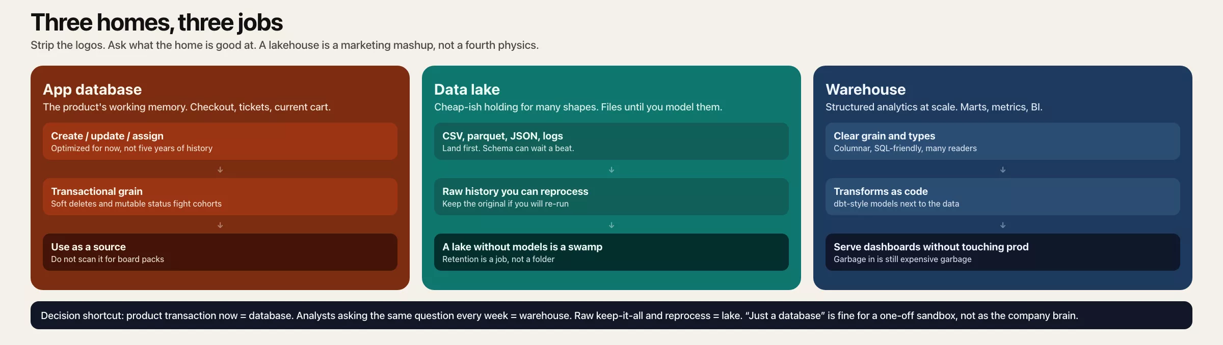 Three homes for data: app database for product transactions, data lake for raw history, warehouse for modeled analytics. Pick the job, not the logo.