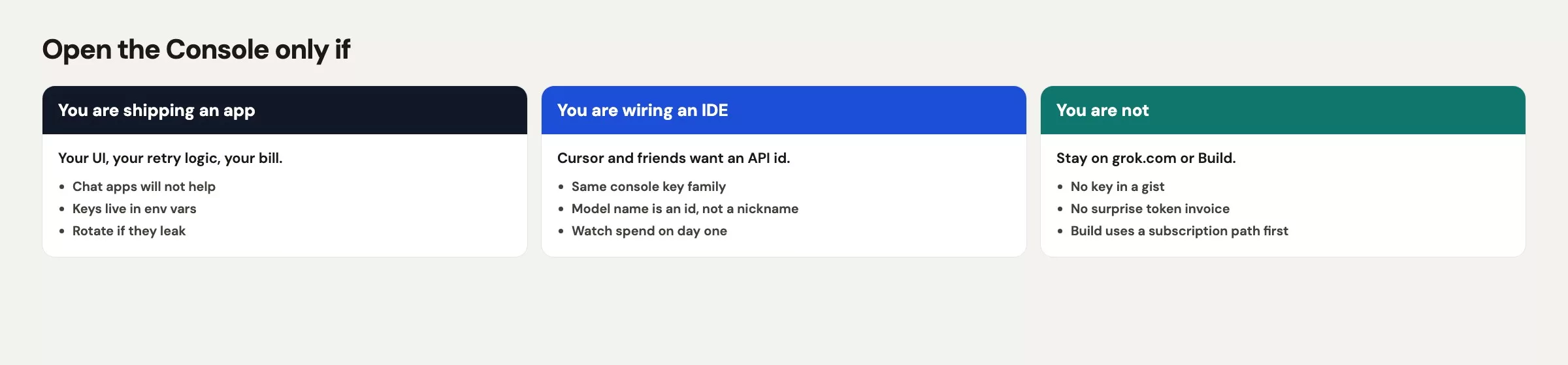 When to open the xAI Console: yes if software will call the model on a schedule or for many users, no if you only need chat, Outlook, consumer Imagine, or Grok Build under a chat plan