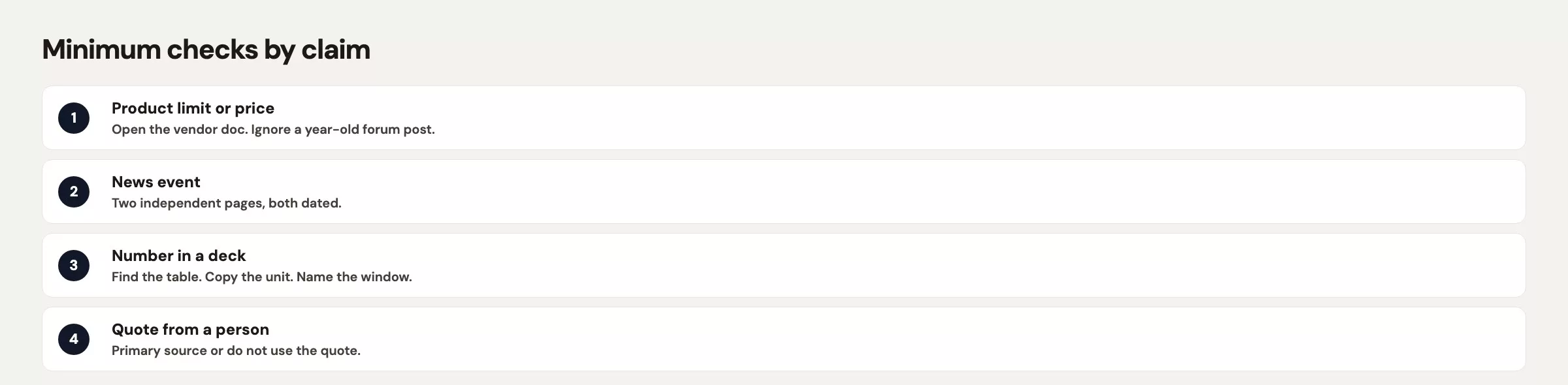 Minimum checks by claim type: policy, numeric limit, changelog, screenshot, and social post each need a different open-and-confirm step