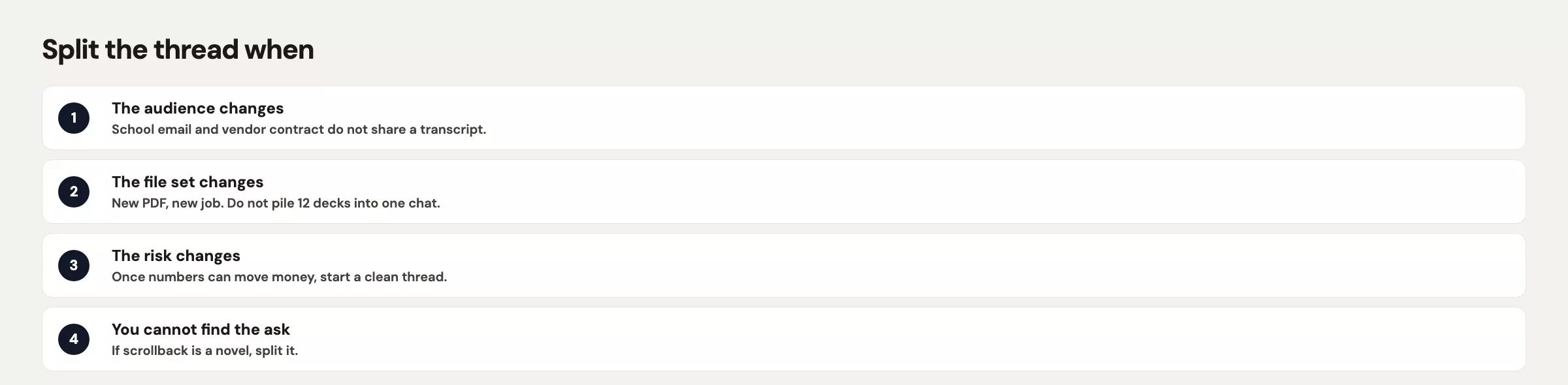 Grok threads and projects: habits that survive a messy week 3 Split the Grok thread when audience, data grain, confidentiality, or job type changes, instead of adding one more question to a sixty turn chat