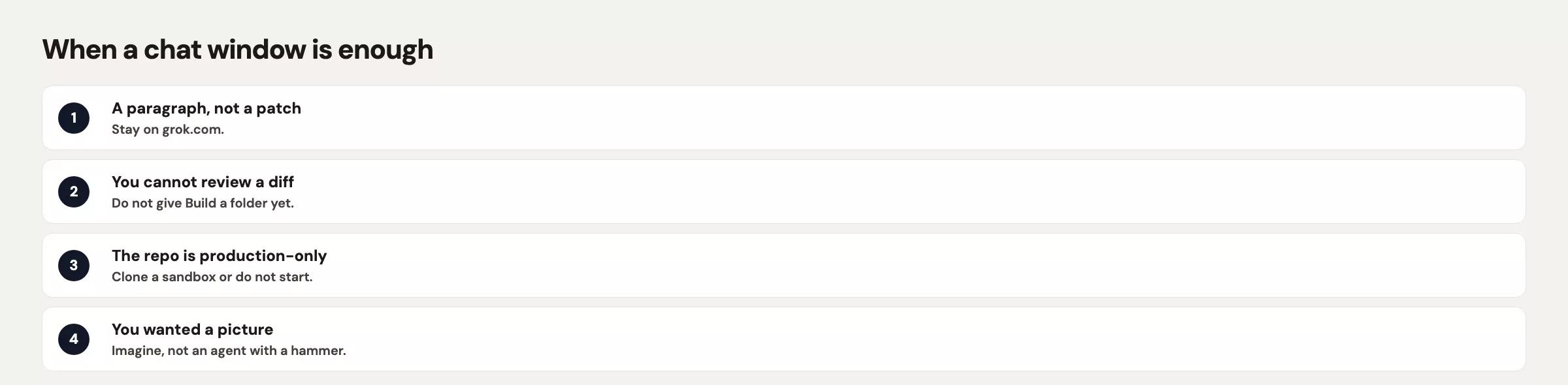 Chooser: grok.com for words only, Grok Build with AGENTS.md for folder work, add MCP or plugins only when the job is blocked without them.
