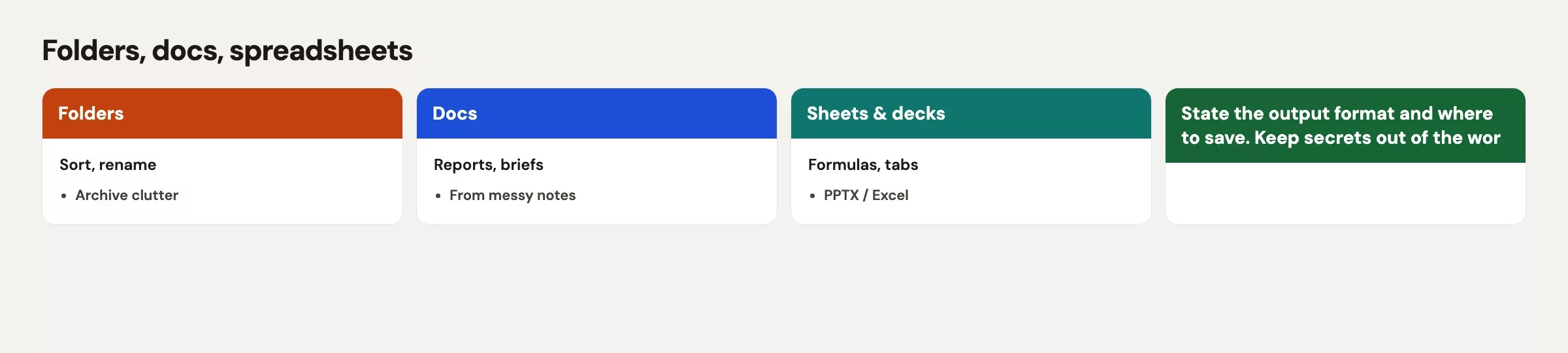 Three Cowork file jobs: folders for sort and rename, docs for reports from notes, sheets and decks with formulas and PPTX