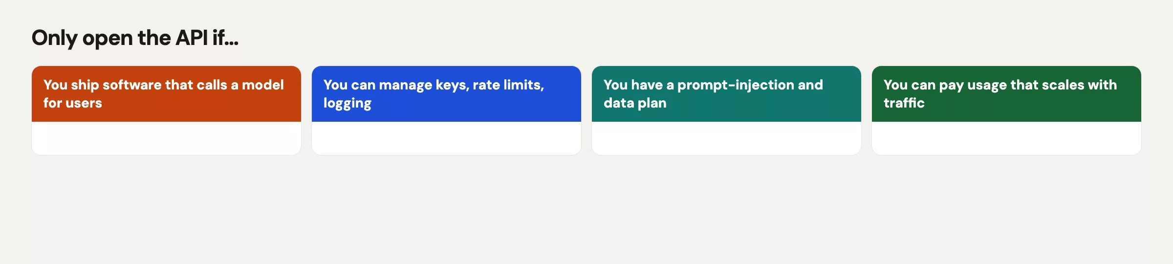 API readiness checklist: shipping software that calls models, managing keys rate limits and logging, plan for prompt injection and data handling, ability to pay usage that scales with traffic