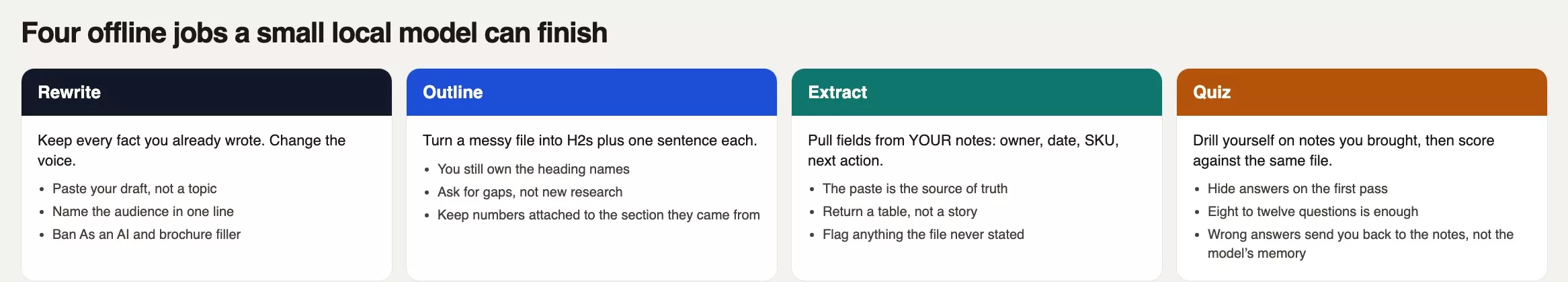 Four offline jobs a small local model can finish: rewrite, outline, extract fields, and quiz from your own file