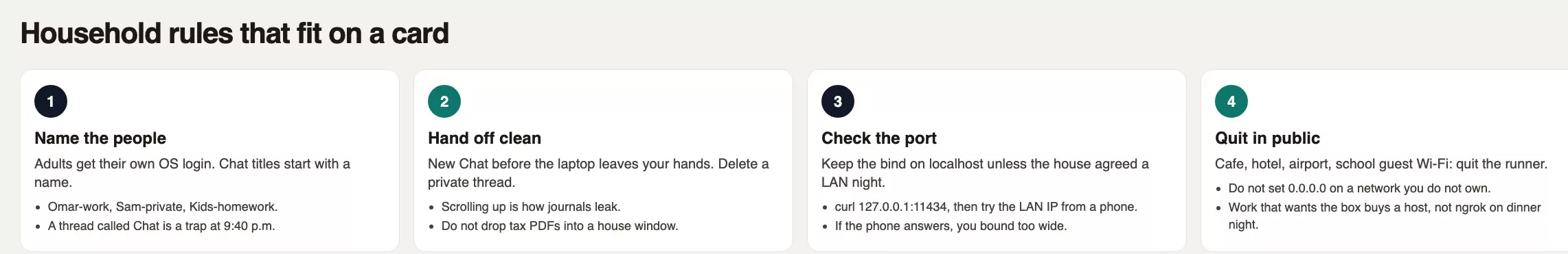 Four household rules: name the people, hand the laptop off clean, check who can hit the port, and quit the runner on public Wi-Fi