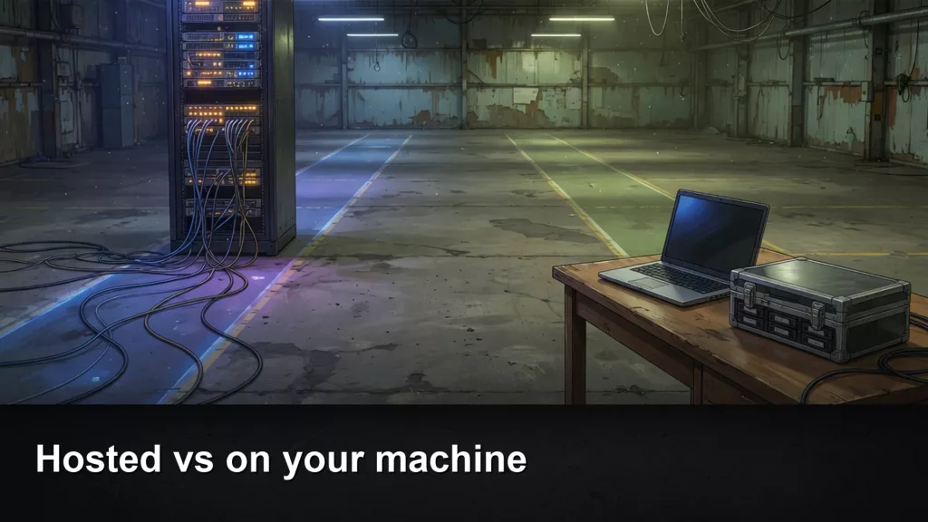 Analytics Made Simple 5 Featured image: Hosted vs on your machine, server rack on one side and a laptop on the other
