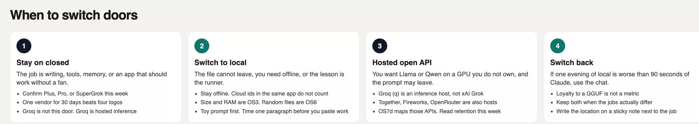 Four switches: stay on closed chat, go local, use a hosted open API, switch back without a loyalty test