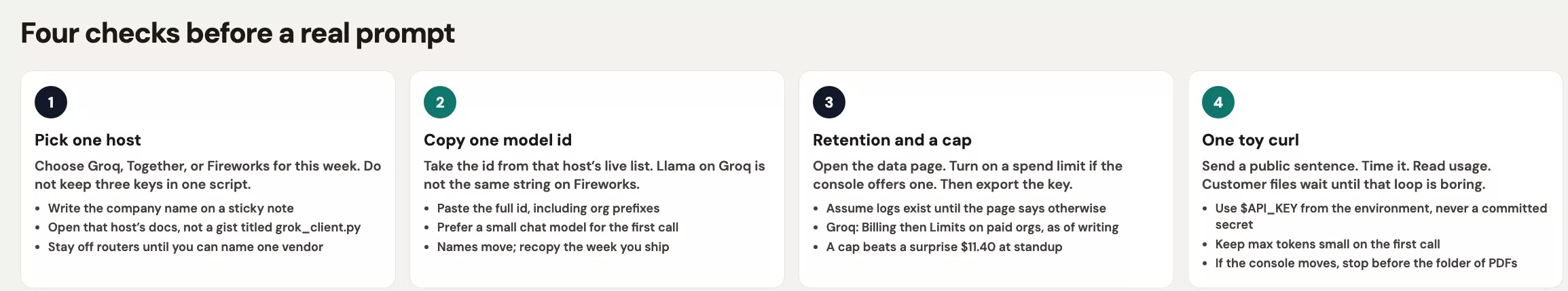 Four checks before a real prompt: pick one host, copy one model id, read retention and set a spend cap, send one toy curl