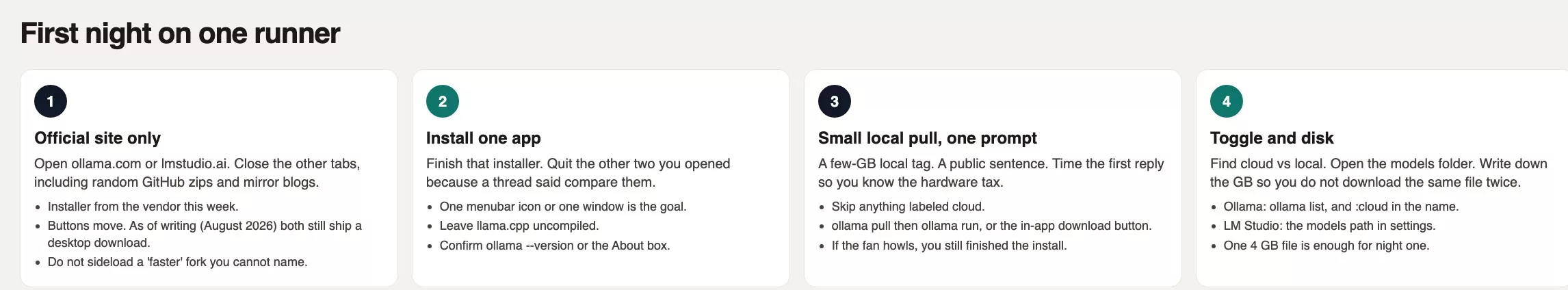 First night on one runner: official site, install one app, small local pull plus one prompt, then find the cloud toggle and the models folder
