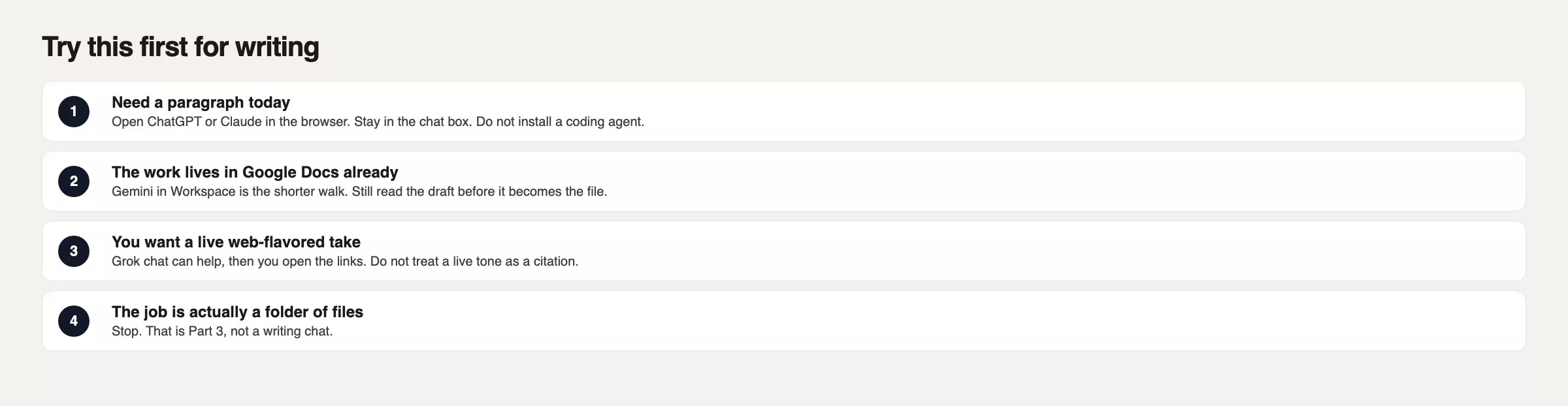 Try this first for writing: ChatGPT or Claude for a paragraph today, Gemini if the file is already a Google Doc, Grok for a live-flavored pass you will verify, and stop if the job is actually a folder