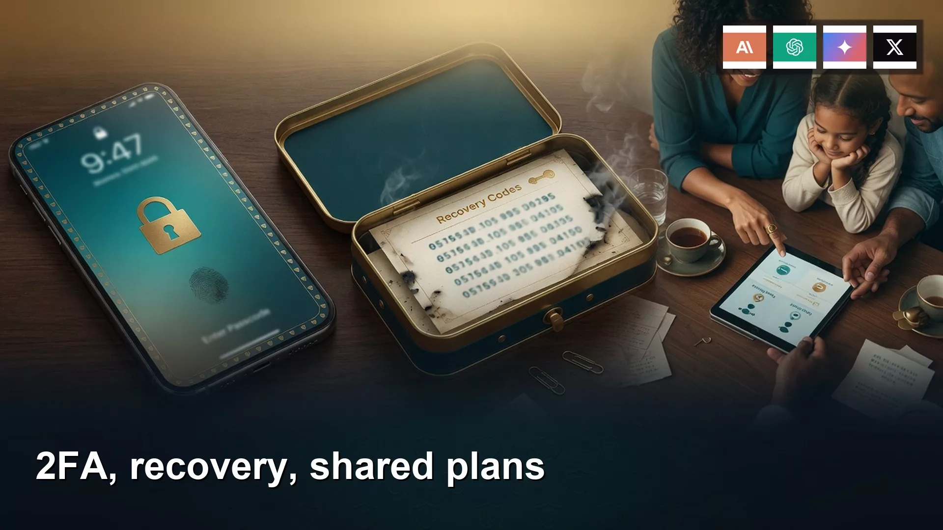Featured image: 2FA, recovery, shared plans. Editorial illustration for Analytics Made Simple.