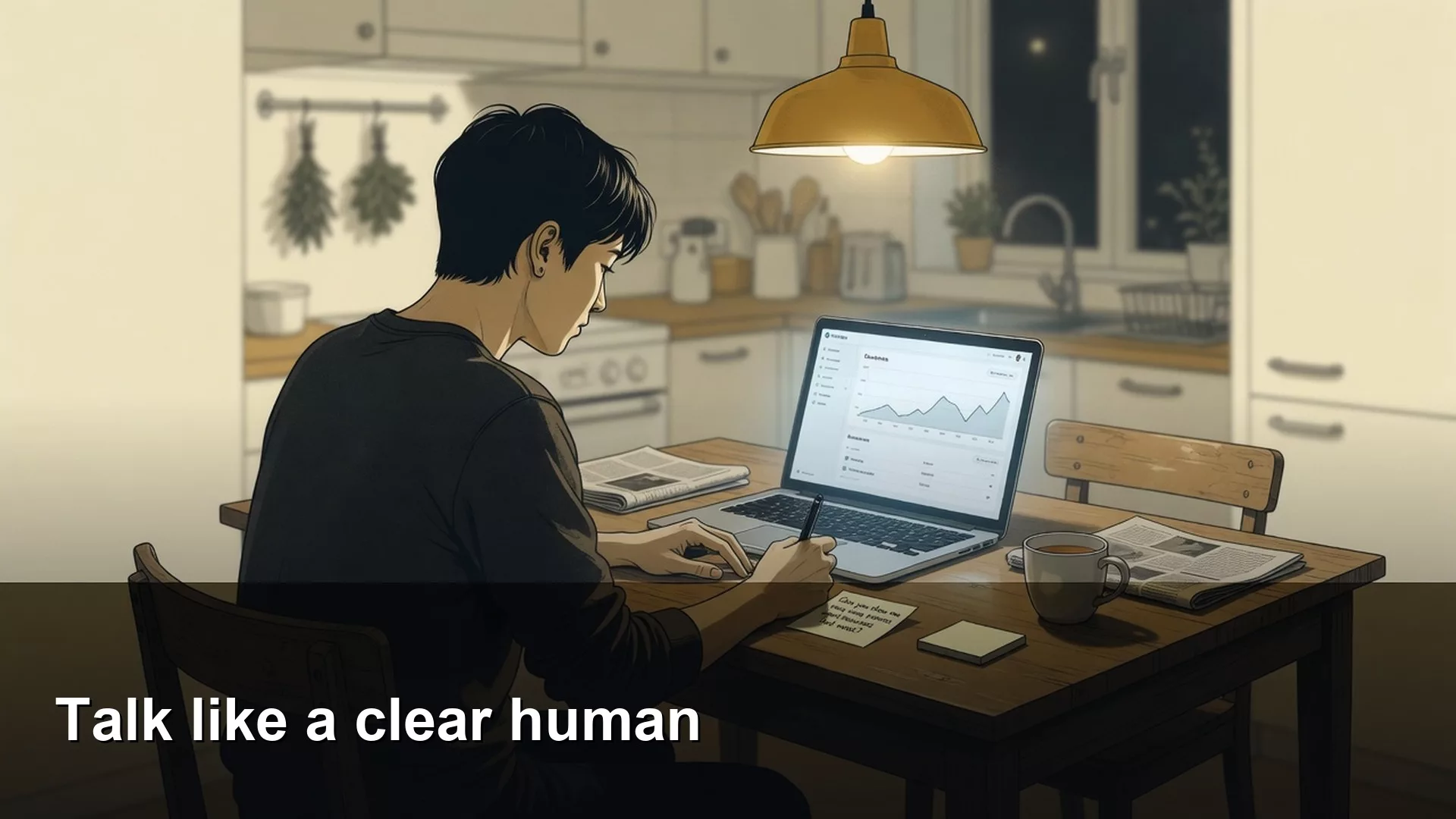 Featured image: Talk like a clear human. Editorial illustration for Analytics Made Simple.