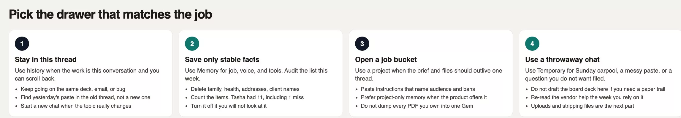 Four numbered steps: stay in this thread, save only stable facts, open a job bucket, use a throwaway chat