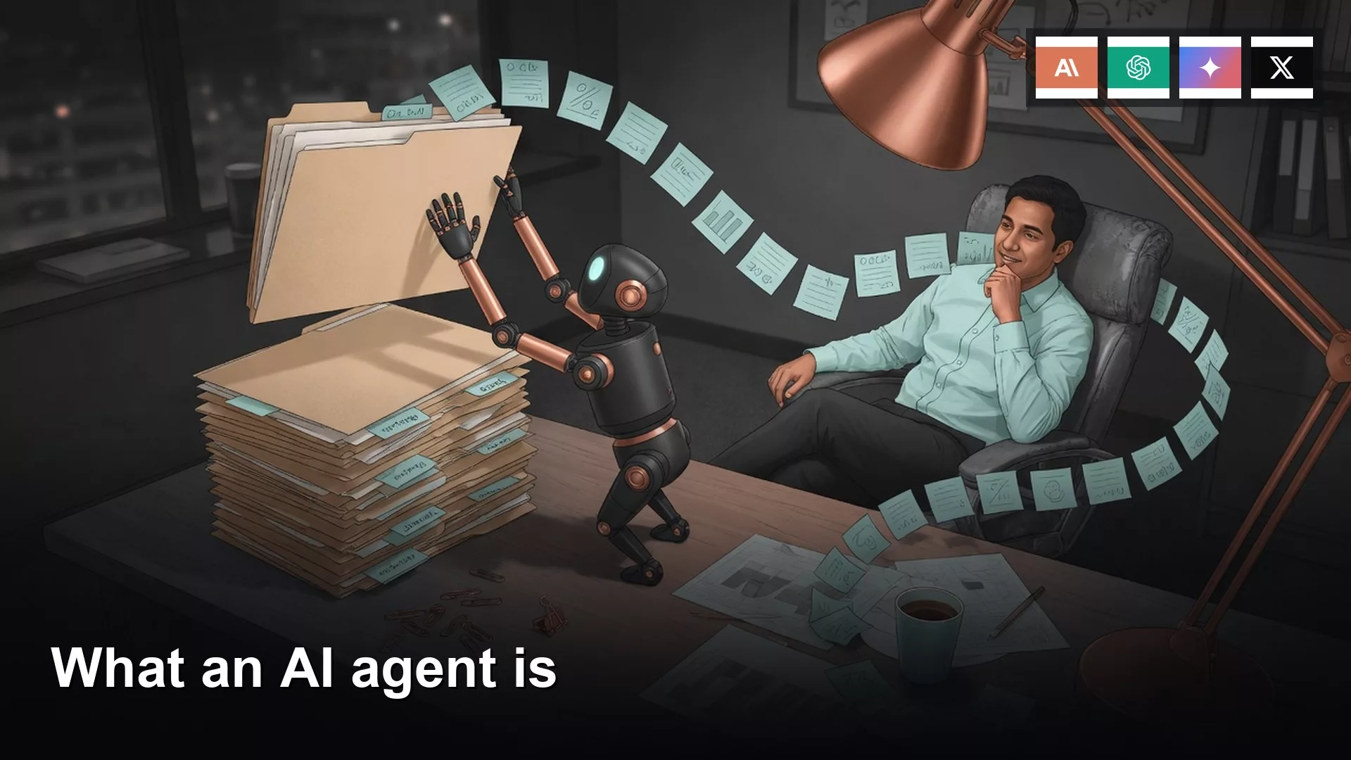 Featured image: What an AI agent is. Editorial illustration for Analytics Made Simple.