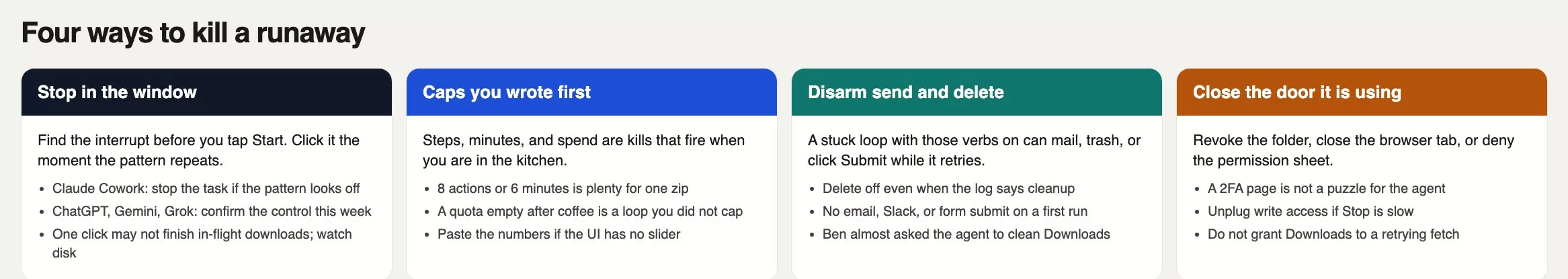 Four kill switches for a runaway agent: Stop in the window, caps you wrote first, disarm send and delete, and close the folder or permission the loop is using