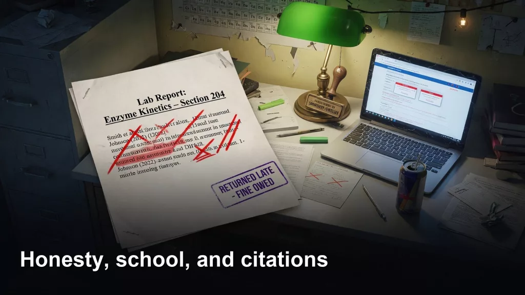 Featured image: Honesty, school, and citations. Editorial illustration for Analytics Made Simple.