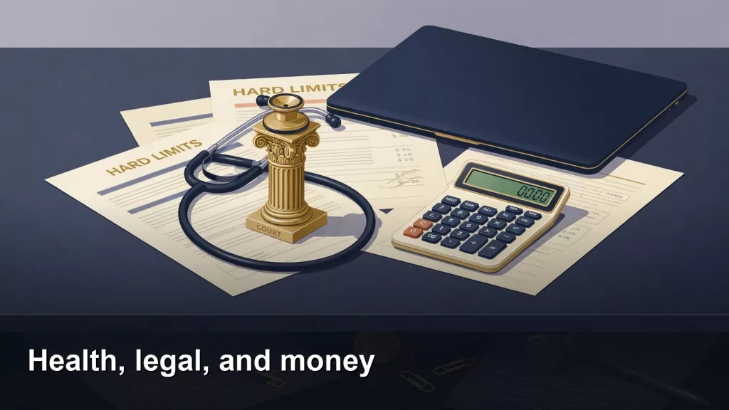 Analytics Made Simple 5 Featured image: Health, legal, and money. Editorial illustration for Analytics Made Simple.