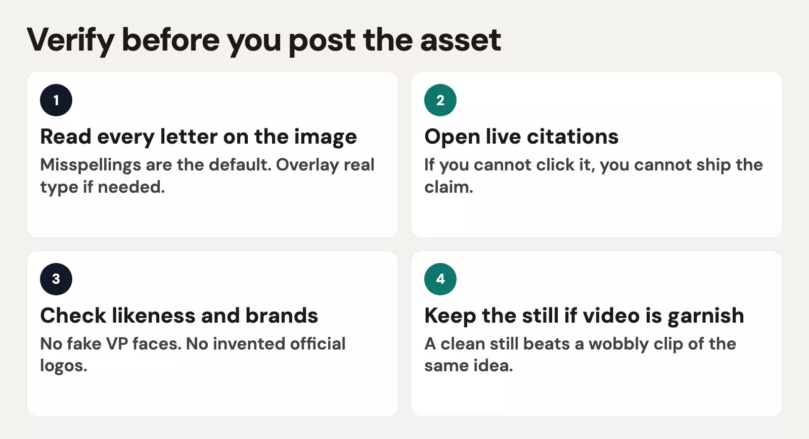 I want images, voice, or live answers 3 Verify before you post the asset