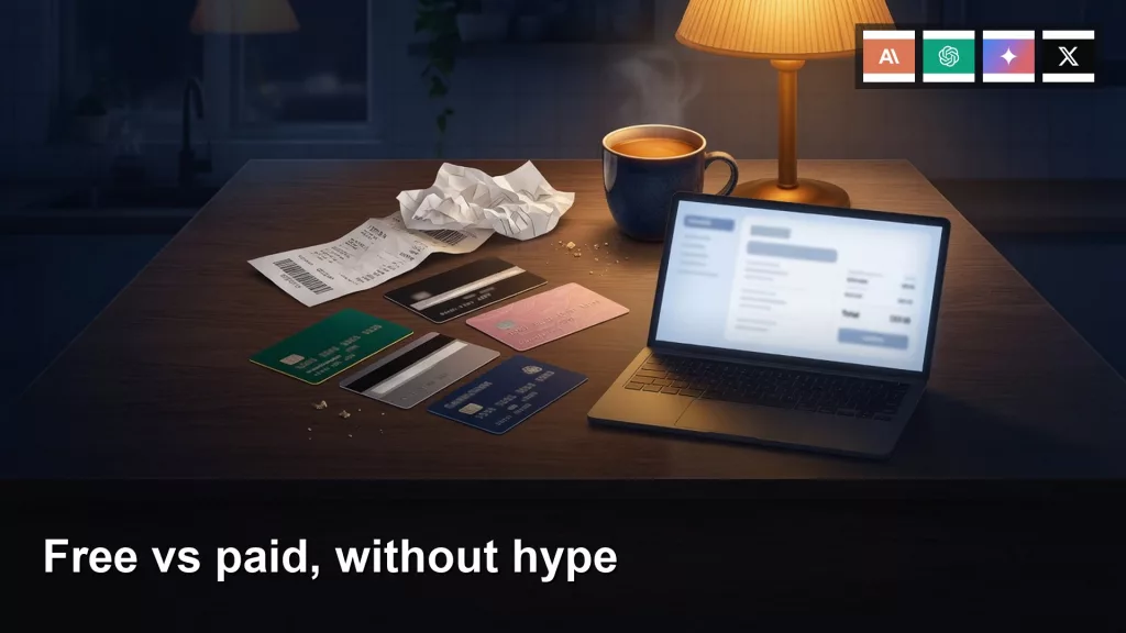 Analytics Made Simple 5 Featured image: Free vs paid without hype, with official Claude, ChatGPT, Gemini, and Grok logos