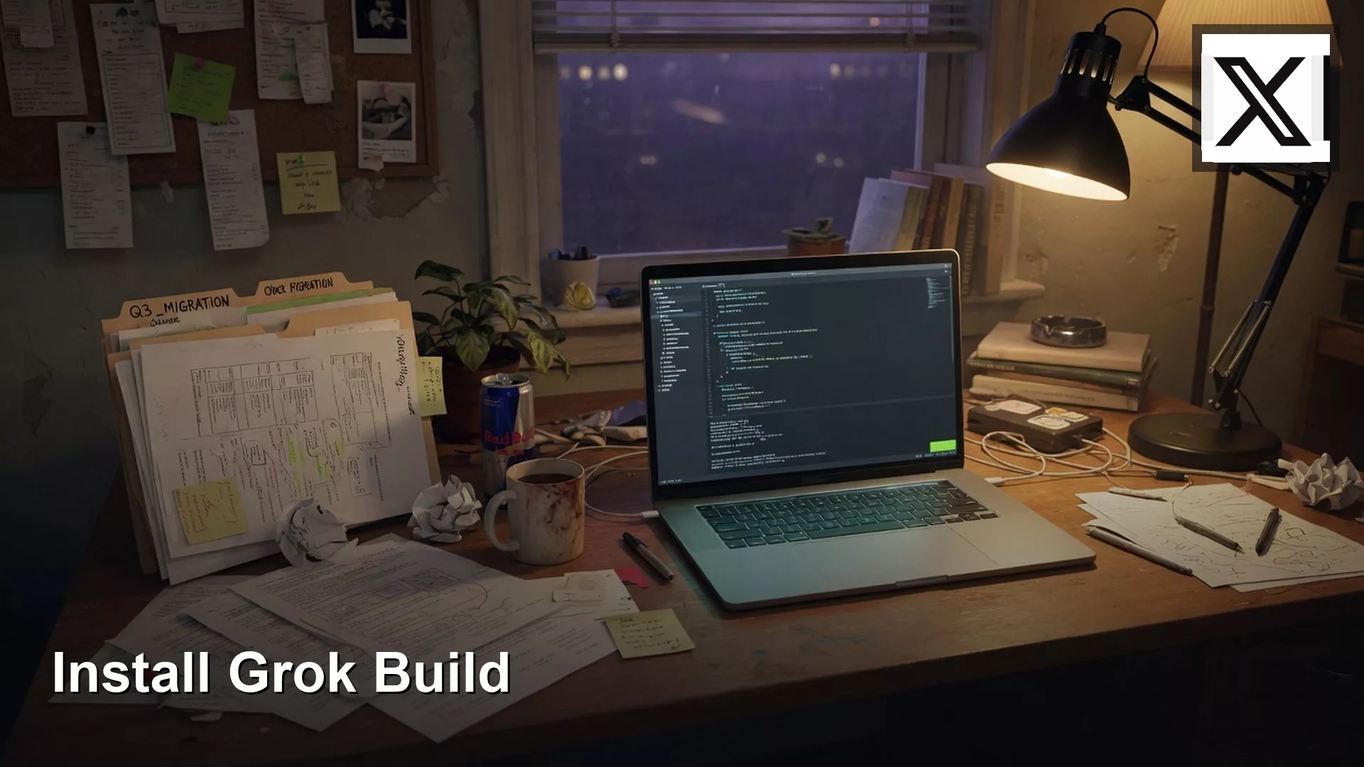 Install Grok Build and survive first run, with the official product logo. Editorial illustration for Analytics Made Simple.