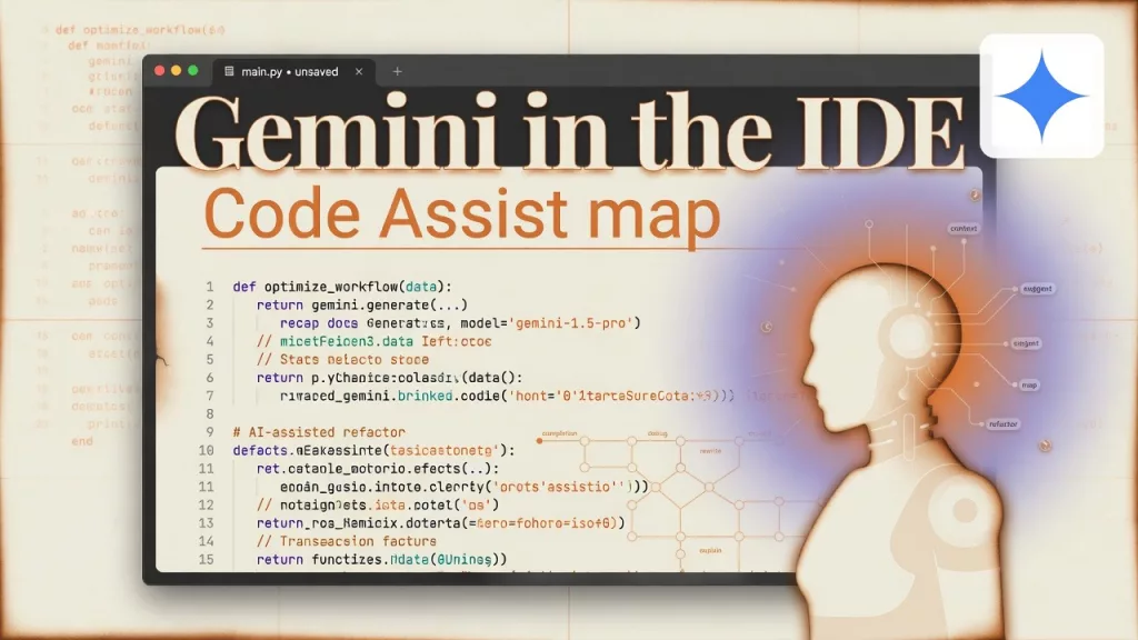 Gemini in Android Studio and Code Assist, with the official product logo. Editorial illustration for Analytics Made Simple.