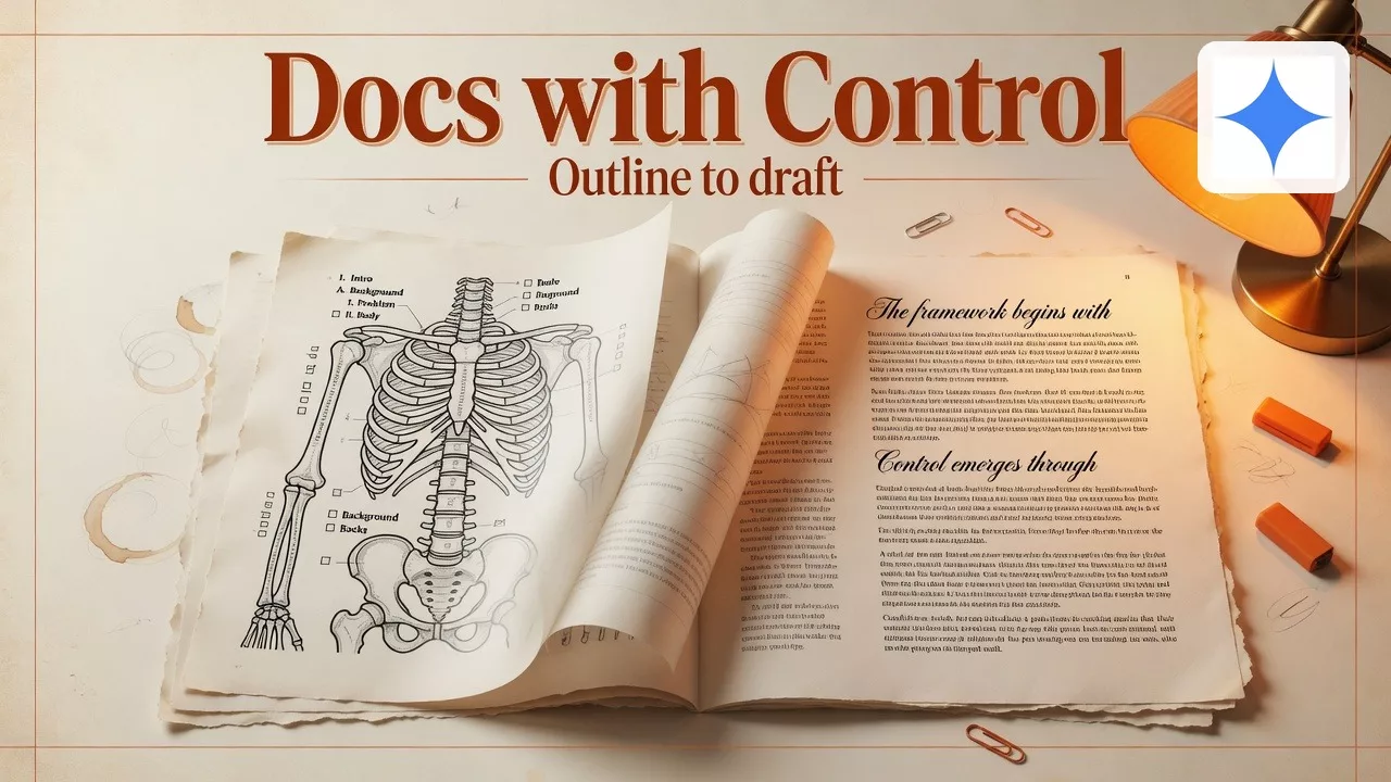 Docs: outline to draft with control, with the official product logo. Editorial illustration for Analytics Made Simple.