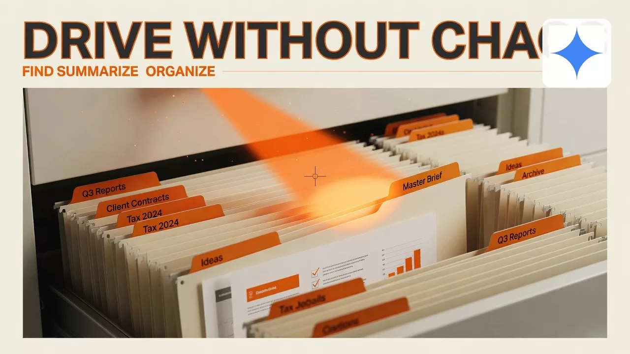 Drive: find, summarize, and organize, with the official product logo. Editorial illustration for Analytics Made Simple.