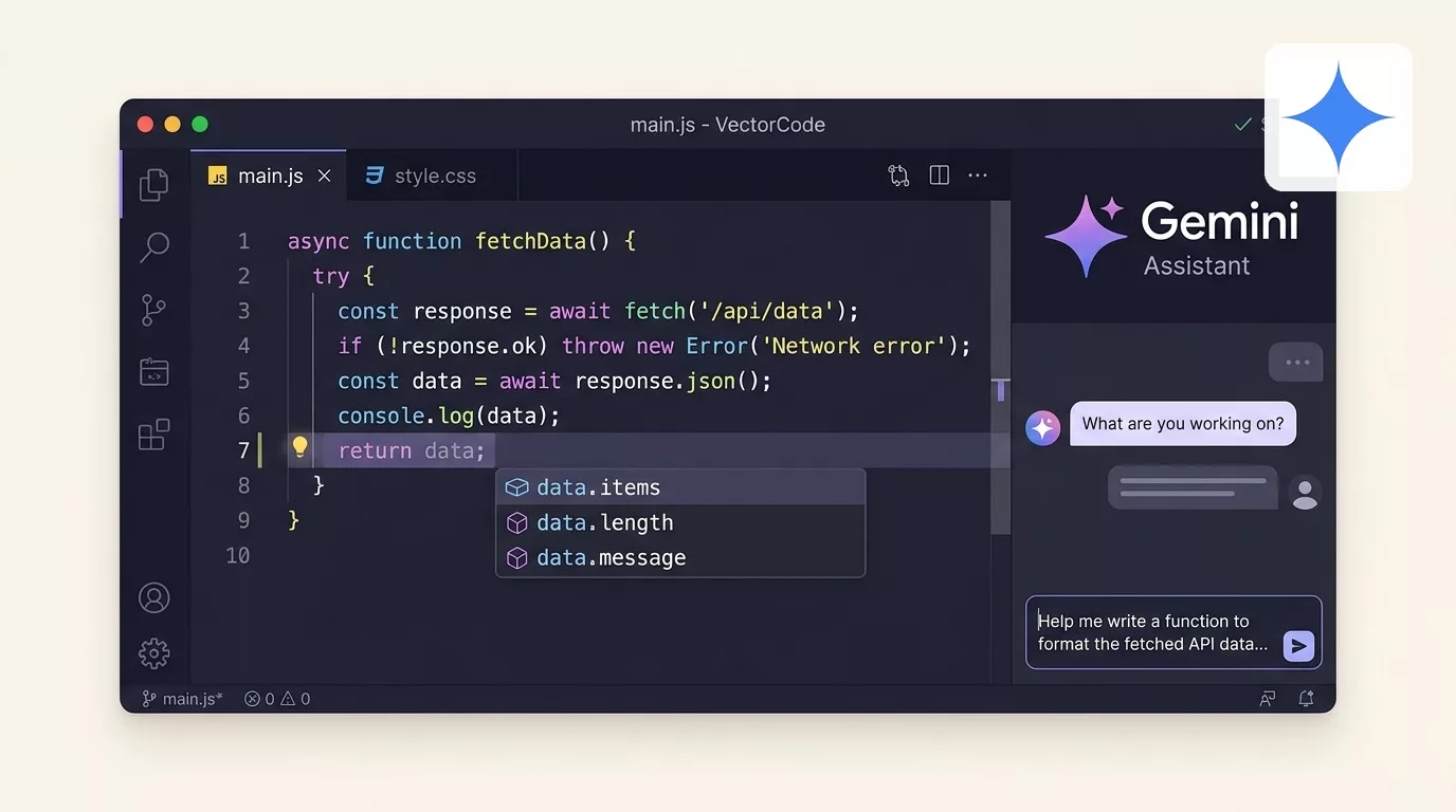 Gemini in the IDE from zero, with the official product logo. Editorial illustration for Analytics Made Simple.