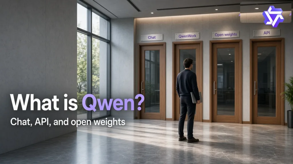 Analytics Made Simple 5 Featured image: What is Qwen? Four doors labeled Chat, QwenWork, Open weights, and API, with the official Qwen hex logo. Editorial illustration for Analytics Made Simple.