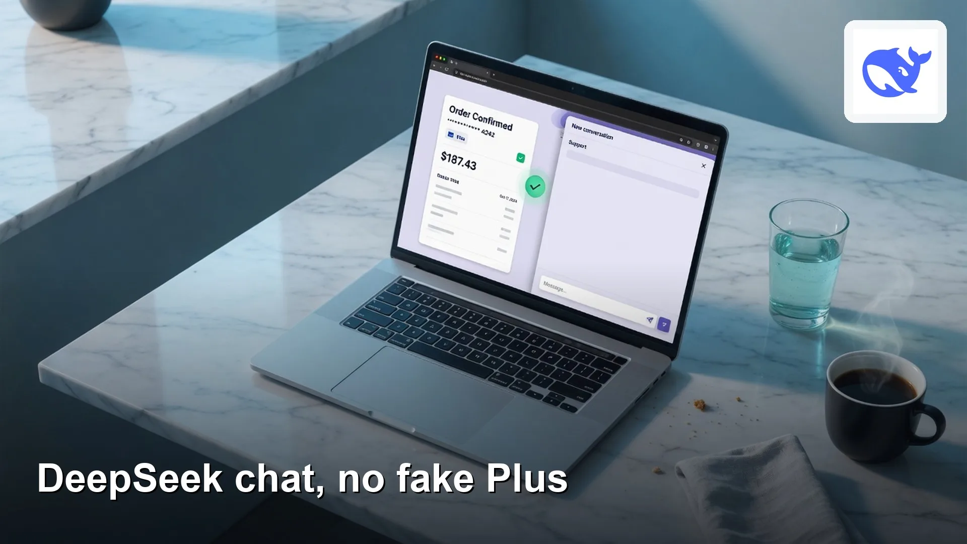 Featured image: DeepSeek chat, no fake Plus, with the official DeepSeek whale logo. Editorial illustration for Analytics Made Simple.