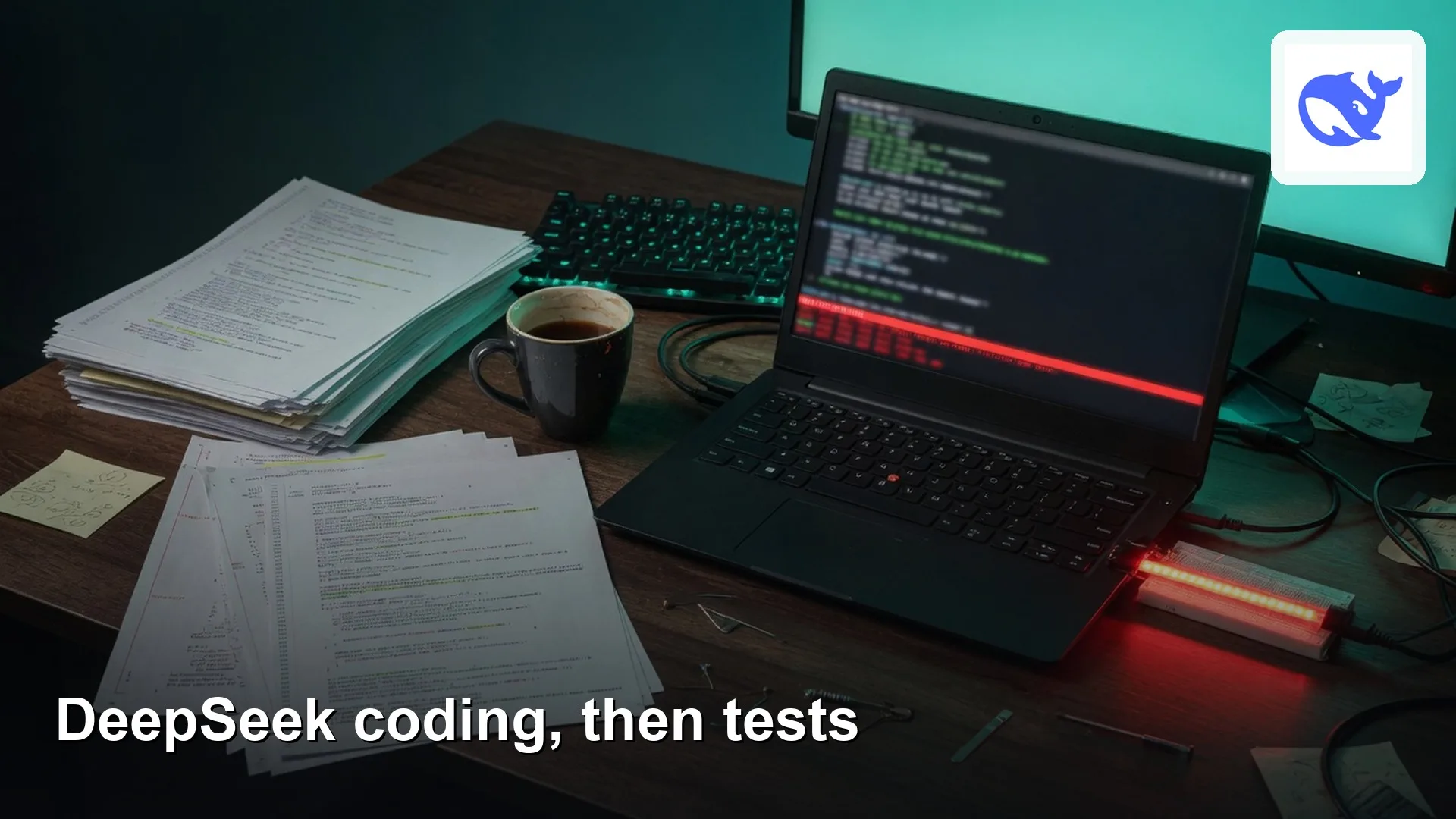 Featured image: DeepSeek coding, then tests, with the official DeepSeek whale logo. Editorial illustration for Analytics Made Simple.