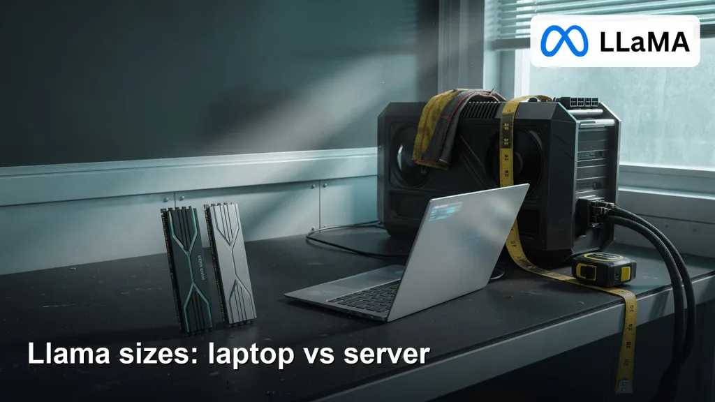 Analytics Made Simple 5 Featured image: Llama sizes: laptop vs server, with the official Llama (LLaMA) lockup. Editorial illustration for Analytics Made Simple.