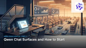 Analytics Made Simple 4 Qwen Chat Surfaces and How to Start: editorial workstation overlooking a logistics warehouse with glowing tablet chat interface and official Qwen logo