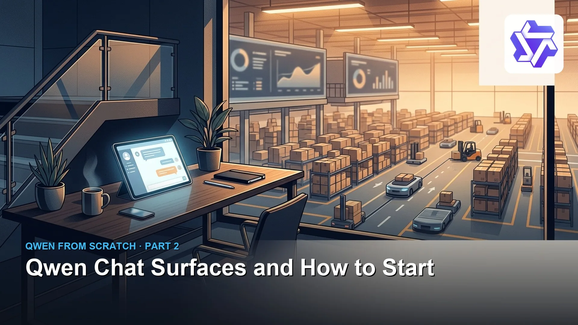 Qwen Chat Surfaces and How to Start: editorial workstation overlooking a logistics warehouse with glowing tablet chat interface and official Qwen logo