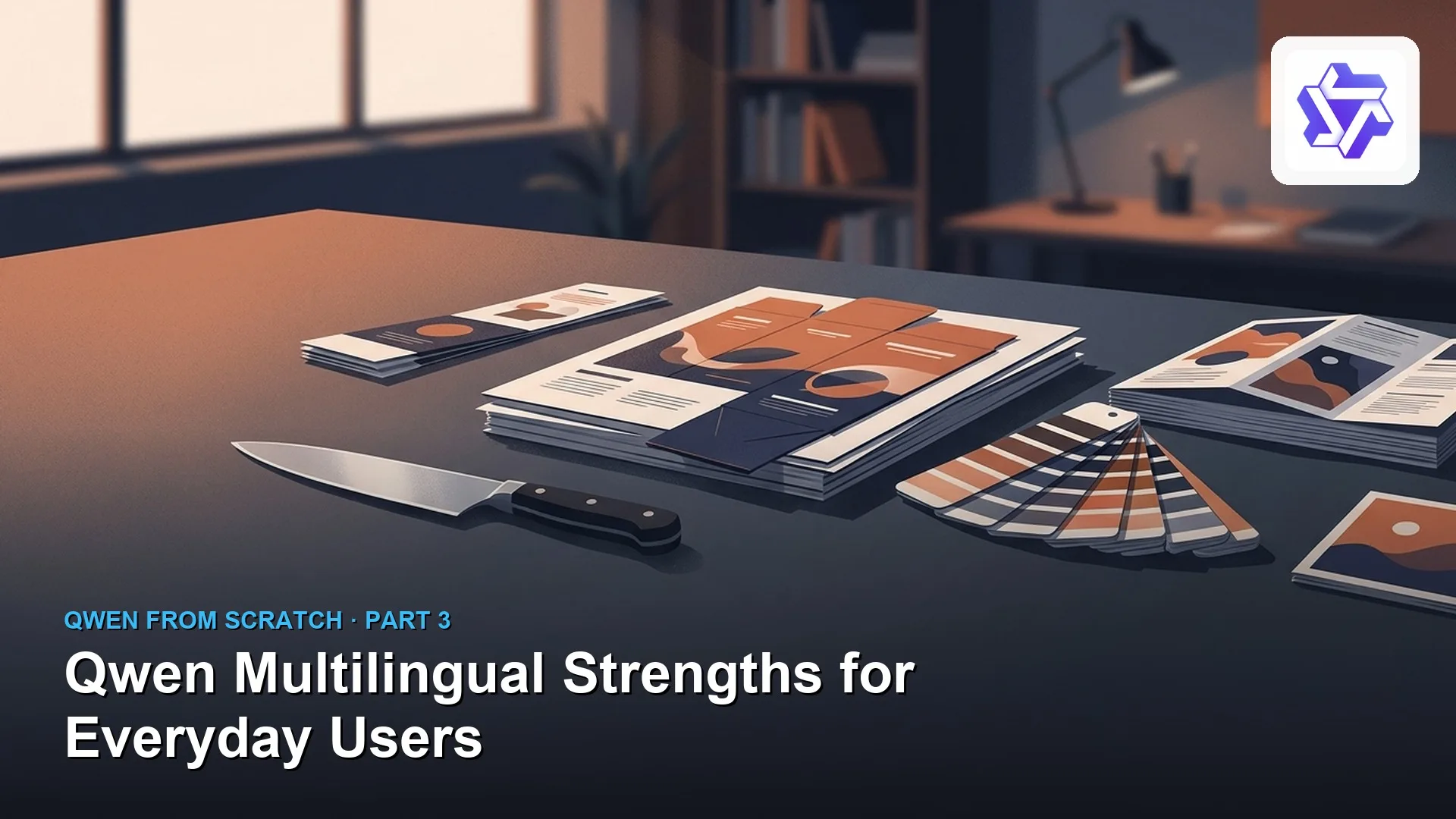 Qwen Multilingual Strengths for Everyday Users: minimalist workspace with ceramic chef knife, packaging proofs, and official Qwen logo