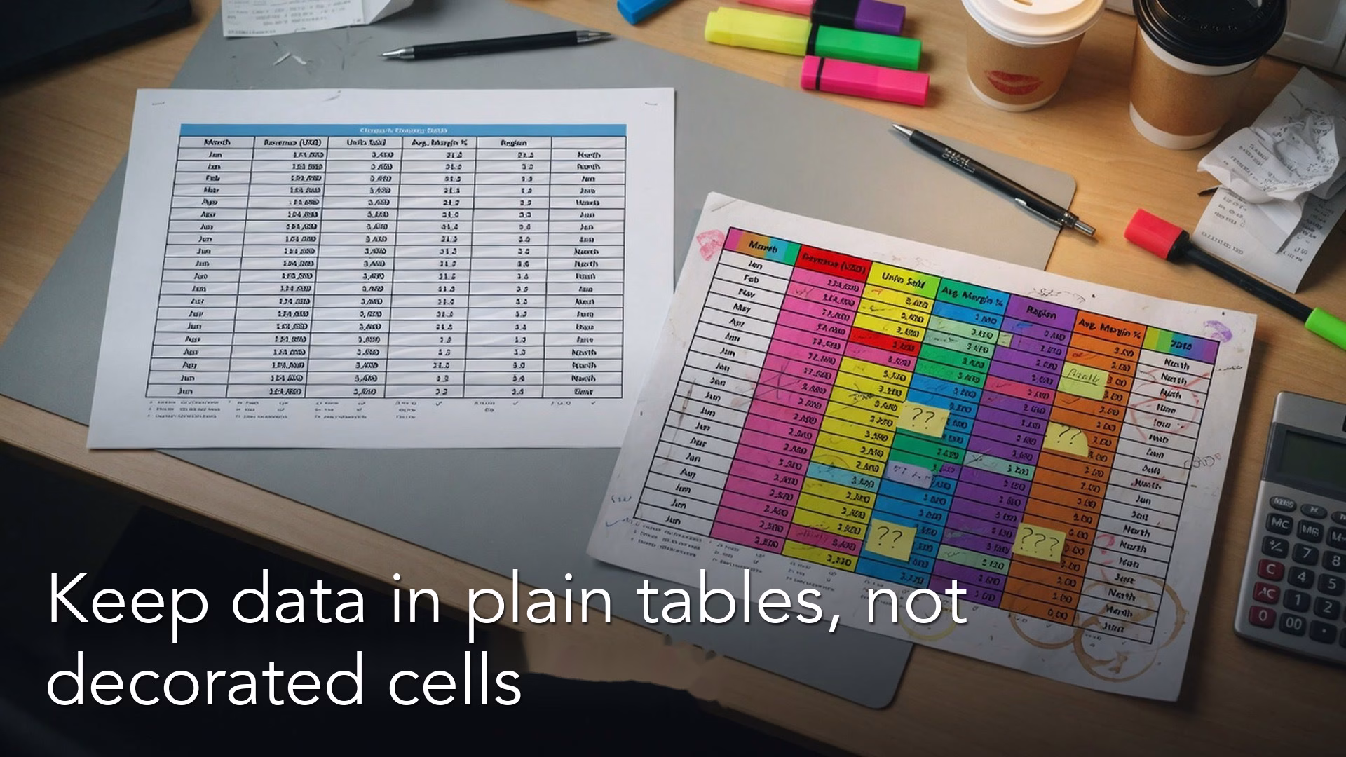 Keep spreadsheet data in plain tables, not decorated cells