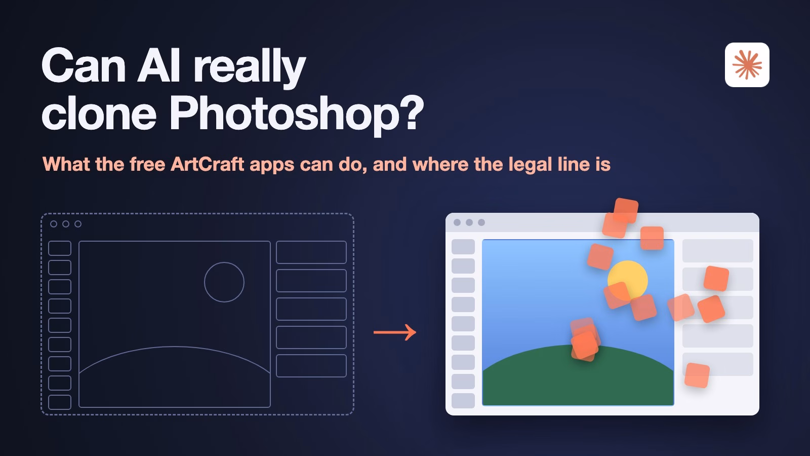 Can AI really clone Photoshop? What the free ArtCraft apps can do, and where the legal line is. A dashed outline of a photo editor window is rebuilt tile by tile as a solid copy, with the Claude logo.