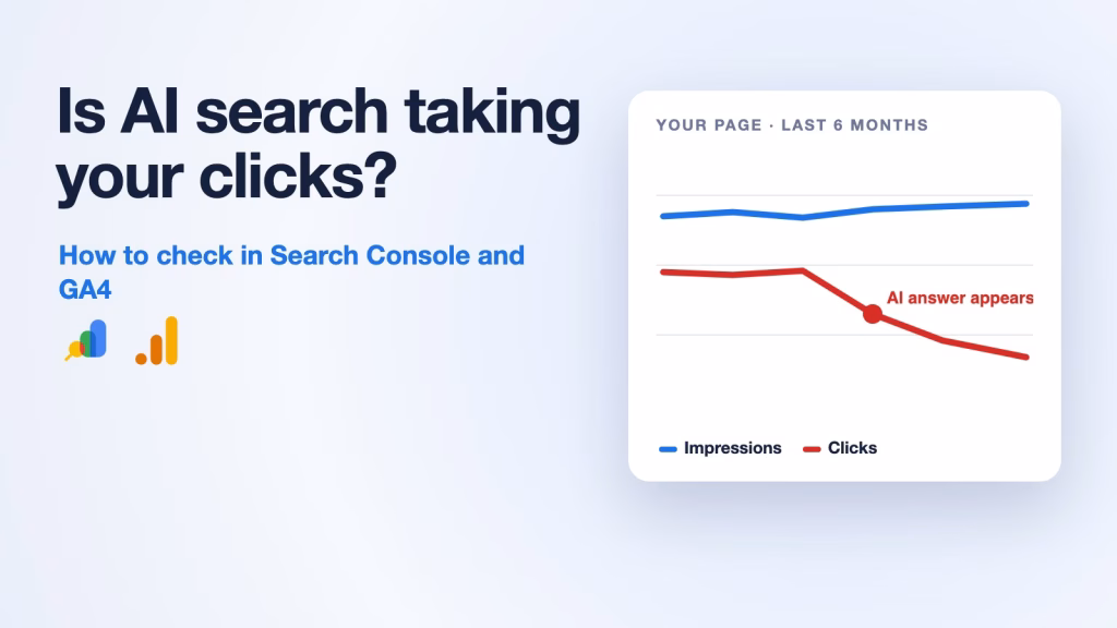Cover with the Search Console and Google Analytics logos: Is AI search taking your clicks? A chart where impressions stay flat while clicks fall after an AI answer appears.